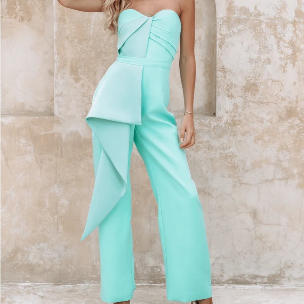 Lavish Alice Mint Strapless Draped Jumpsuit